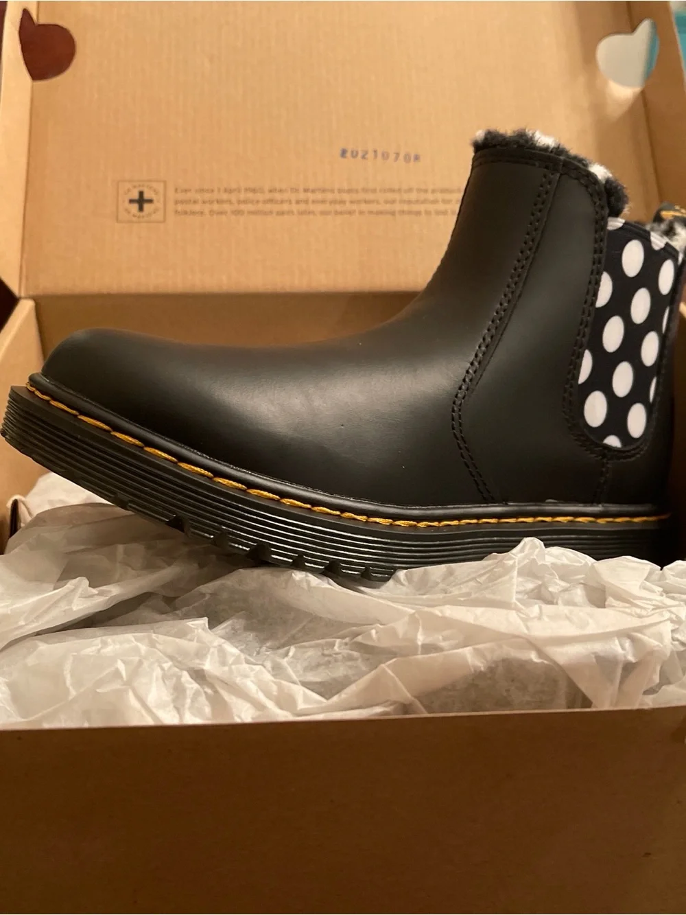 Dr. Martens Black Kids Leonore J Boots with White Polka Dots